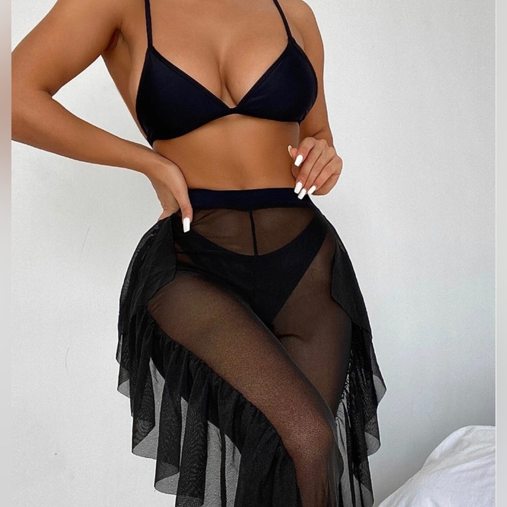 3PCS Halter Bikini Set With Sheer Mesh Ruffles Cover Up if
Pants